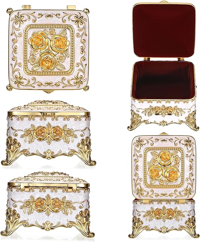 Hipiwe Vintage Jewelry Box Rectangular Trinket Chest Metal Treasure Holder for Ring Earrings Organizer Keepsake Box Gift for Woman, Beige, 5.1" L x 5.1" W x 3.1" H