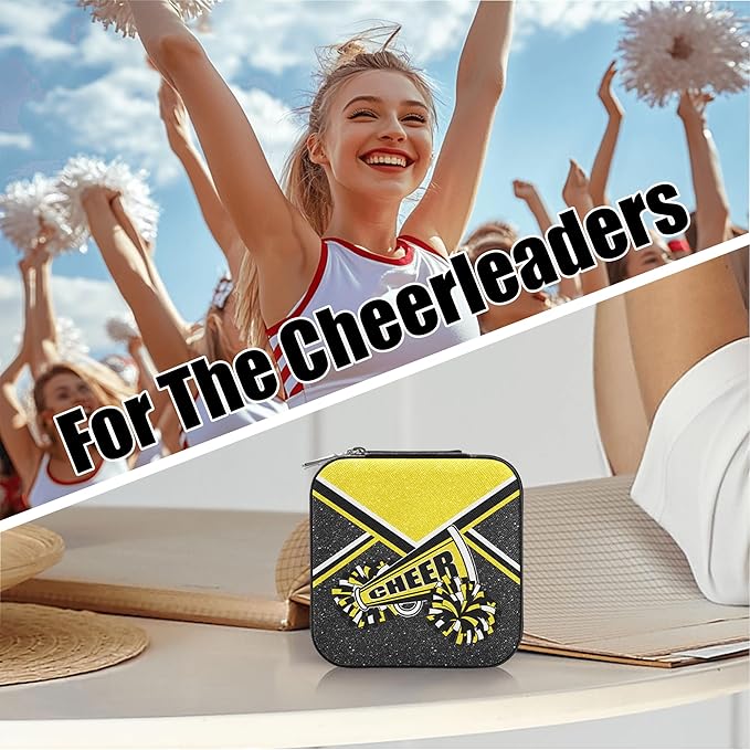 Cheerleader Travel Jewelry Case, Cheer Travel Jewelry Box for Women, Mini Jewelry Travel Case for Cheer Team, Cheerleader Gifts for Girls (Gold)