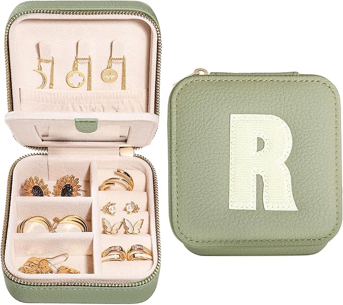 S.Leaf Initial Travel Jewelry Case - Portable Jewelry Box for Women - Small, Gift Boxes - Organizer Box - Letter R