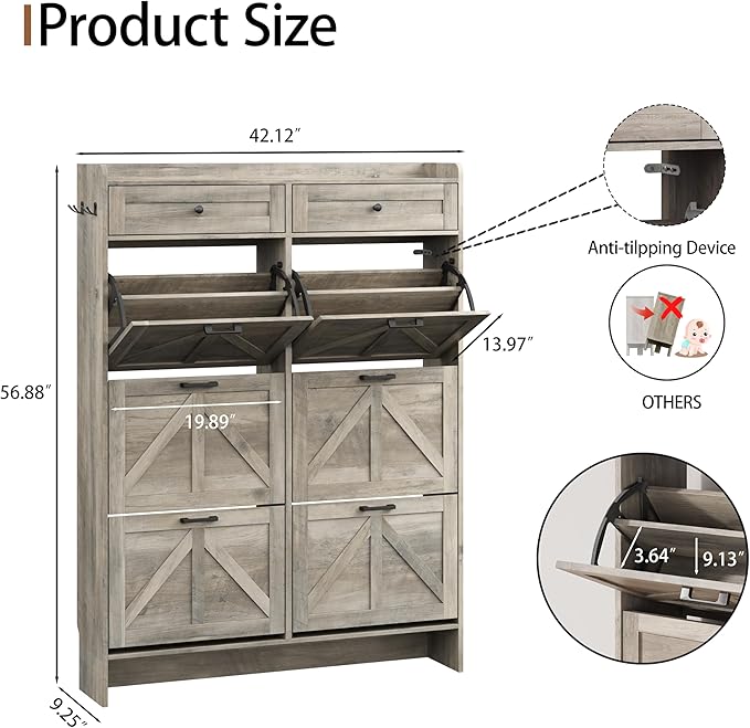 Shoe Cabinet with 6 Flip Drawers & 2 Top Drawers, 57" Tall Freestanding Narrow Wooden Shoe Storage Organizer for Entryway, Hidden Slim Shoe Rack for Front Door Entrance, Hallway, Living Room, Grey