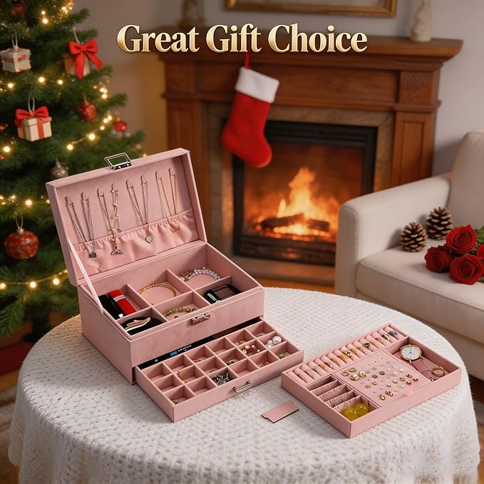Jewelry Organizer Box for Women Girls, Jewelry Box 3-Tier Jewelry Display Case and Organizer,Lockable Jewelry Display Case Anti Tarnish,Varying Compartments for Necklaces, Bracelets, Rings
