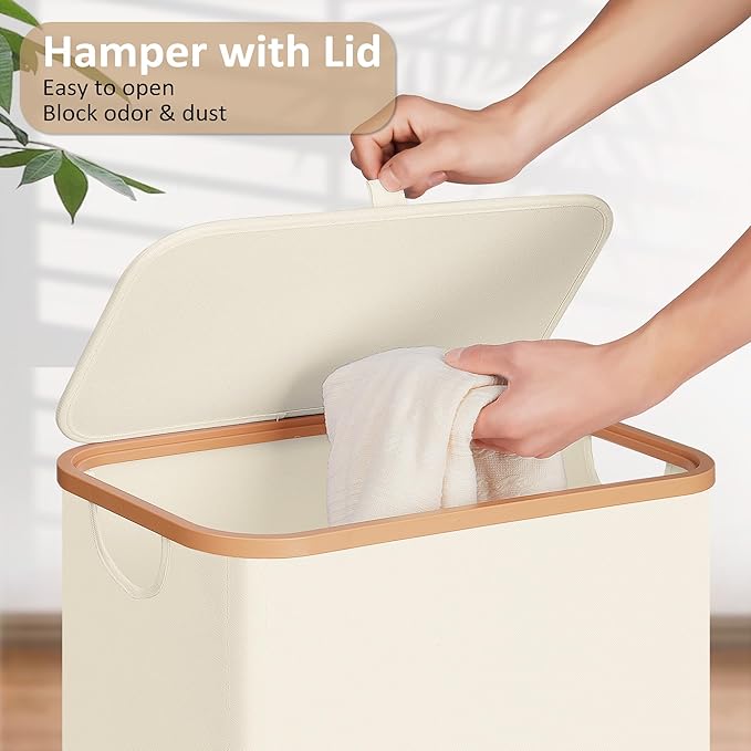 Vincona Slim Laundry Basket with Lid, Narrow Dirty Clothes Hampers for Laundry with Handle, Skinny Laundry Bin for Laundry Room, Dorm, Bedroom and Bathroom, 19.8 Gallon (75L) Beige