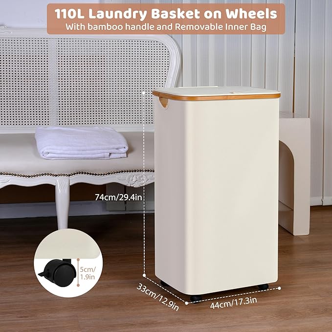 Laundry Basket with Wheels, 110L Beige Clothes Hamper for Laundry, Laundry Hamper with Lid and Inner Bag, Beige