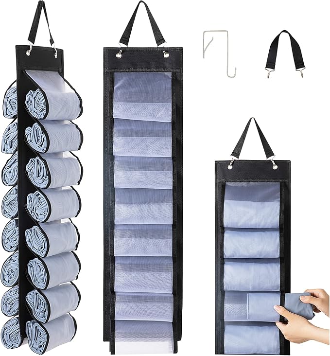 DHSFKBE Legging Organizer Storage - 2PCS T Shirt Organizer, Hanging Closet Organizers and Storage with 16 Roll Independent Compartments for Yoga Pants, Towel, Bathing Suit (Black)