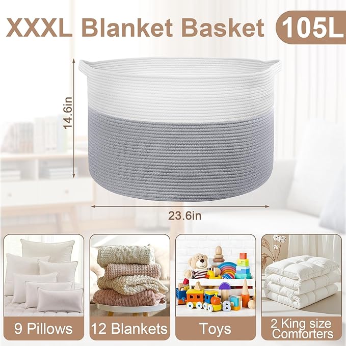 XXXL Large Laundry Basket, 105L Soft Cotton Rope Basket, Blanket Storage and Organizers, Baby Nursery Laundry Hamper, Extra Large Toys Storage Bins for Kids 23.6'' x 14.6'', White & Gray