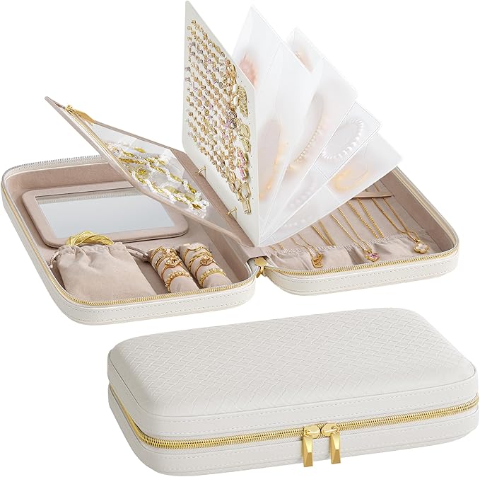 SONGMICS HOME Travel Jewelry Case, Jewelry Organizer Box with Mirror, Jewelry Pouch, Woven Embossed PU Leather, Hard Shell, Large Capacity, Gift Idea, Cloud White UJBC204W01