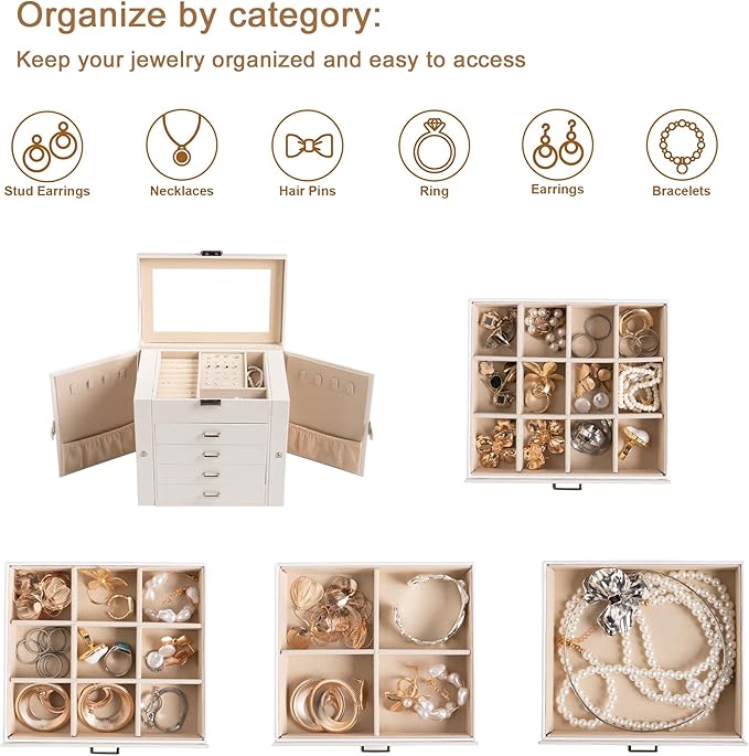 Frebeauty 5-layer Jewelry Box,Faux Leather Jewelry Organizer with 4 Drawers,Jewelry Organizers and Storage with Mirror,Jewelry Holder Organizer for Necklace,Jewerly Boxes for Women Girls(Grey)