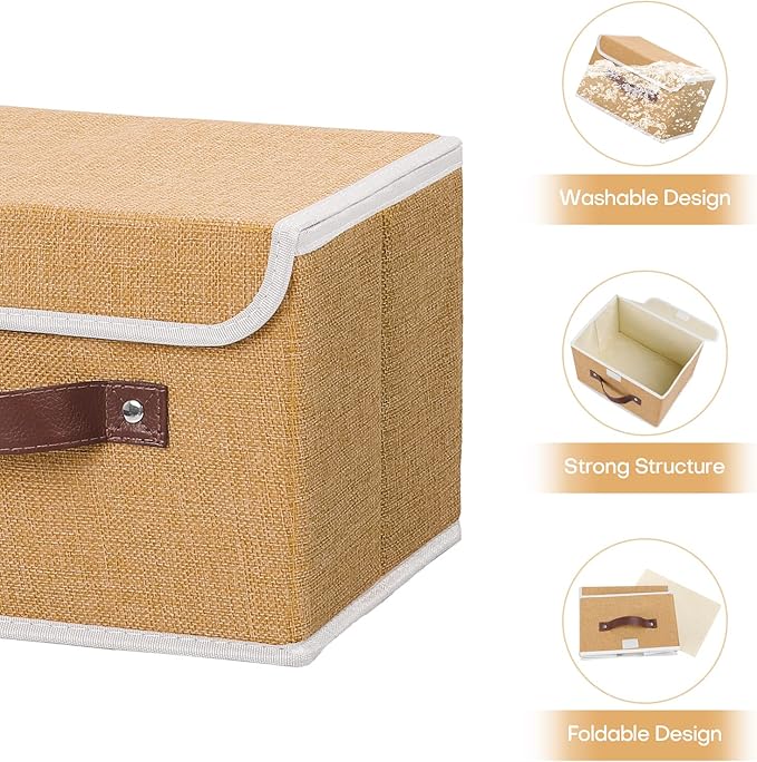 ANMINY 2PCS Storage Bins with Lid PU Leather Handles Storage Boxes PP Plastic Board Decorative Foldable Lidded Cotton Linen Fabric Home Cubes Baskets Closet Organizer Containers - Khaki, Small Size