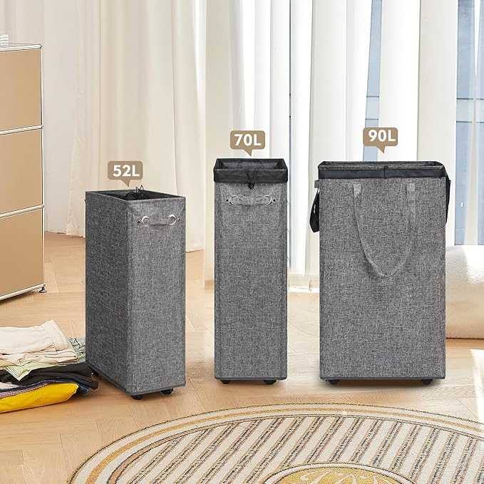 DOKEHOM 25-Inches Slim Laundry Basket on Wheels, Collapsible Rolling Laundry Hamper, Foldable Narrow Corner Clothes Storage Bins (Linen Grey)