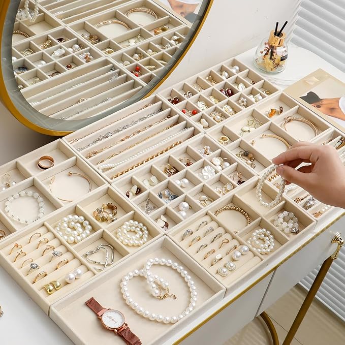 Stackable Jewelry Organizer Trays Set of 9, Small Velvet Jewelry Organizers Earring Necklace Ring Bracelet Display Case Storage for Drawer Dresser (Beige)