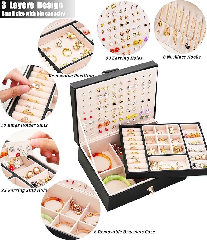 QBestry Womens Earrings Jewelry Box for Girls Jewelry Earring Organizer Box Earring Holder Organizer for Girls Jewelry Organizer Boxes for Women Girls Stud Earrings Organizers Jewelry Box Black
