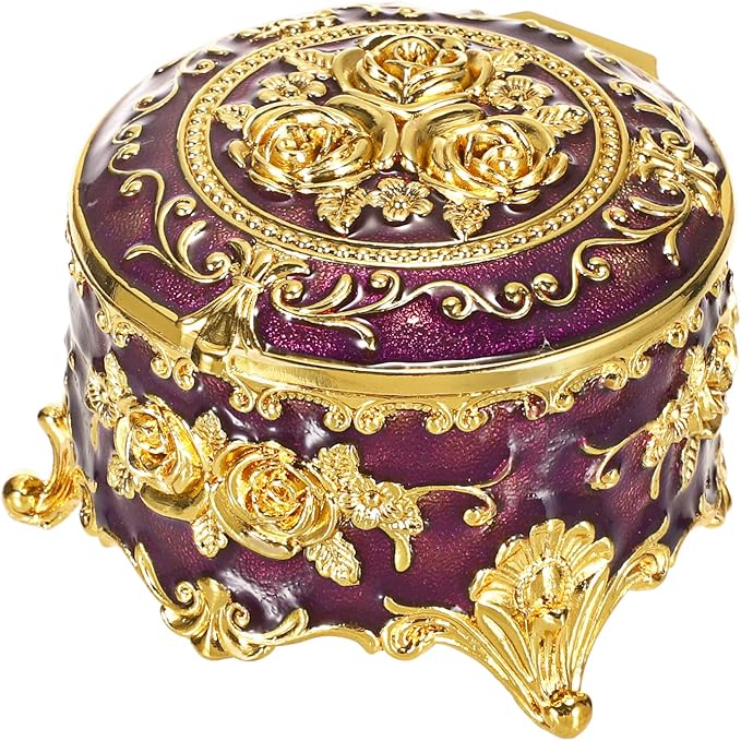 Hipiwe Vintage Jewelry Box Small Trinket Storage Organizer Box Gold Metal Chest Ring Case Treasure Chest Round Keepsake Boxes for Earrings Necklace Gift for Women,Purple