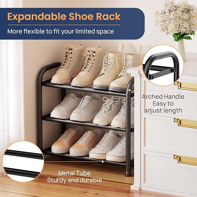 ENJOYBASICS 3 Tier Expandable Shoe Rack for Closet, Free Standing Metal Shoe Shelf Storage Organizer Holder 12 Pairs, Adjustable Width Shoe Rack for Entryway Small Space, Black | Adjustable, for Closet, Shoe Rack Storage, for Small Space, Entryway