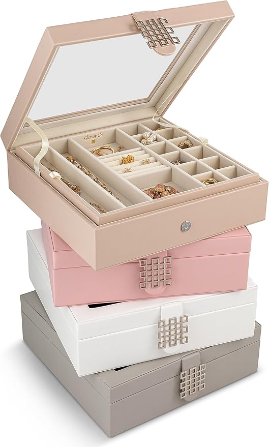 Glenor Co 28 Section Jewelry Box - 2 Layer - Buckle Snap & Magnet Closure - Large Glass Top - Leather Design - Sand - Jewelry Organizer for Women & Girls - for Earring Ring Necklace & Bracelet