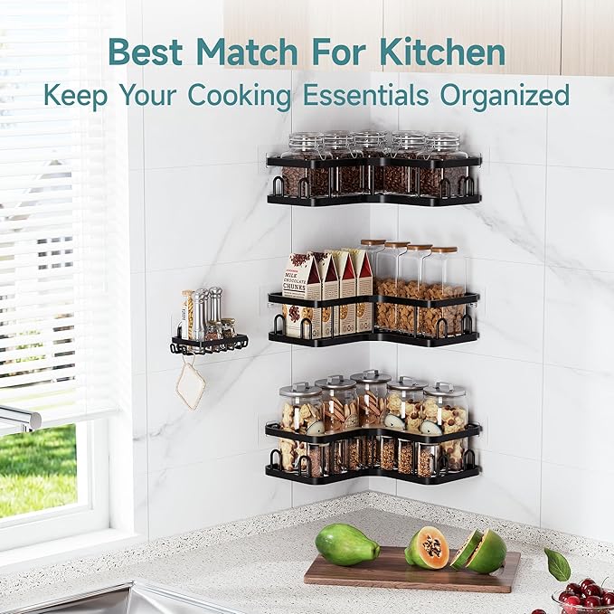 Veken Corner Adhesive Shower Caddy 4-Pack with Soap Holder&Hooks,No Drilling Shower Shelves,Rustproof & Waterproof Bathroom Organizers and Storage,Rack for Small Spaces, Kitchen&Rental-Friendly,Black