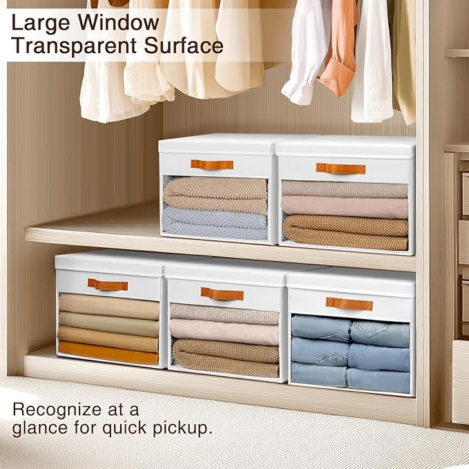 Homsorout Large Storage Bins with Lids - 6 Pack Foldable Decorative Organizers with Clear Windows & Handles, Cube Storage Organizers for Clothes, Blankets, Sweaters, Sheets, White