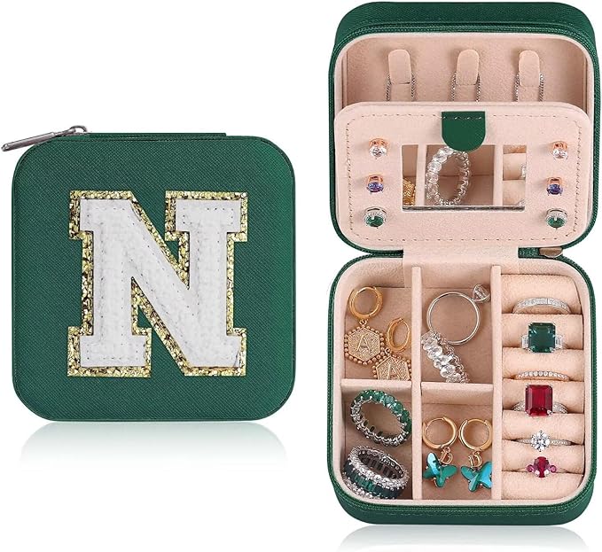 ETHOON Jewelry Travel Case Small Organizer Stocking Box Personalized Gifts Teenage Jewelry Accessories Holiday Christmas Gift for Women Green, Letter N