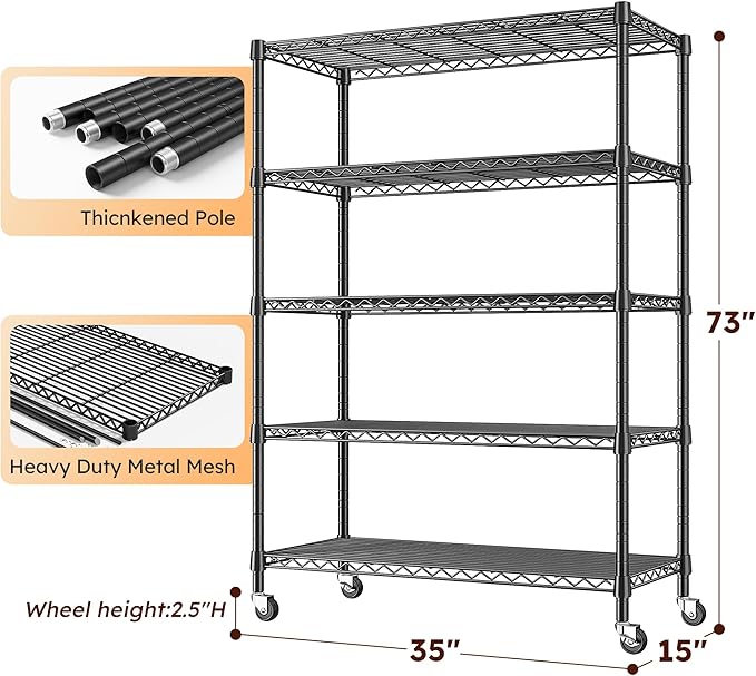 REIBII 73''H Storage Shelves 1660LBS Wire Shelving Unit with Wheels 5 Tier Metal Shelving,Heavy Duty Metal Shelves for Storage Rack,Commercial Industrial for Garage Kitchen 73''HX35''WX15''D,Black