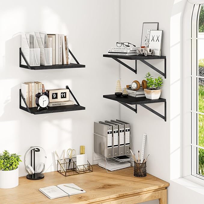 Heimlove 12 Inch Deep Floating Shelves for Wall, 16W x 12D Wide Black Floating Shelves Heavy Duty Wall Mounted Shelves, Wood Wall Shelves for Living Room Bedroom Bathroom Kitchen- Set of 4