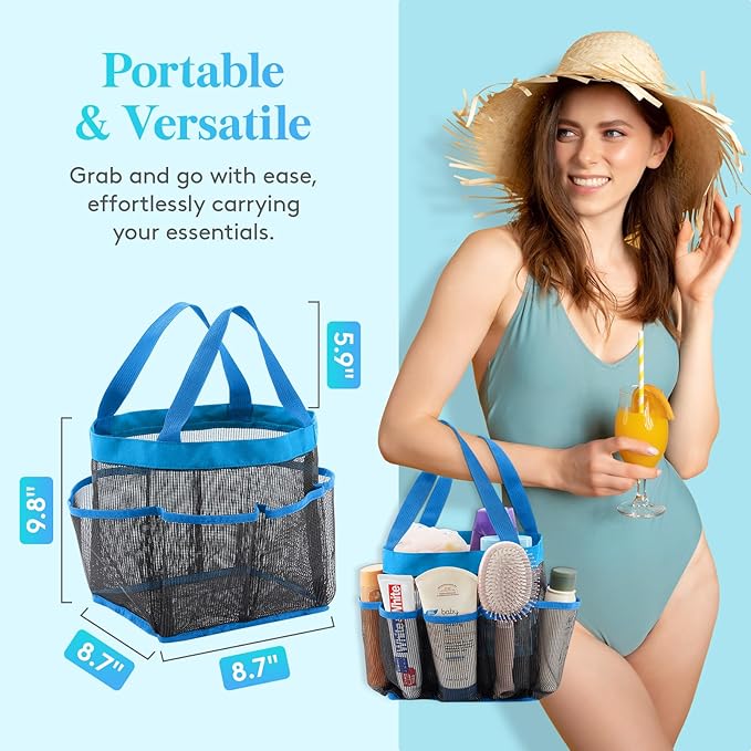 Lifewit Mesh Shower Caddy Portable for College Dorm Room Essentials with 7 Pockets, Freestanding Hanging Organizer Basket, Quick Dry Tote Bag for Camping, Bathroom, Beach, Travel, 1 Pack, Blue