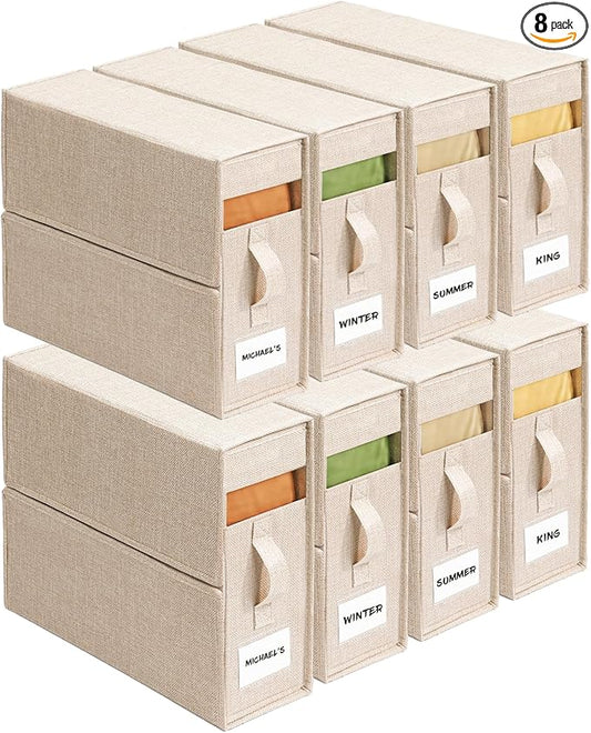 8Pack Sheet Organizers for Linen Closet - King/Queen Size Bedding Storage Boxes with Clear Window | Foldable, Dustproof Linen Organizer for Blankets & Sheet Sets,Beige
