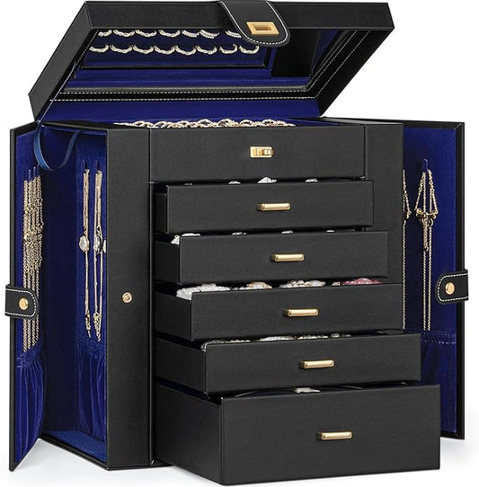 AKOZLIN Huge Jewelry Box Organizer Functional Large Leather Jewelry Storage Case for Women Girls Ring Necklace Earring Bracelet Holder Organizer with Mirror