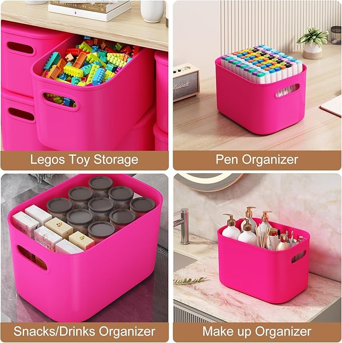 ORGIDOL 6 Pack Pink Storage Bins with Lids Stackable Storage Container for Organizing, Storage Boxes with Handle for Shelves, Cute Storage Bin for Craft, Snacks, 9.85x6.9x5.7 inch