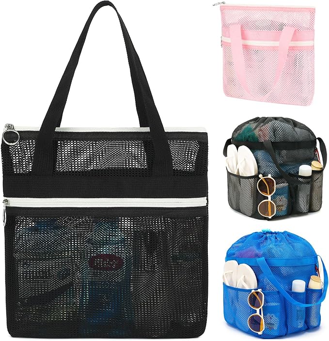 Fammart Mesh Shower Caddy Portable with Zipper & 2 Pockets - Quick Dry Shower Bag Toiletry Tote Hanging for Travel Gym Camp Beach - Organizer Bag Bathroom Essentials for College Dorm