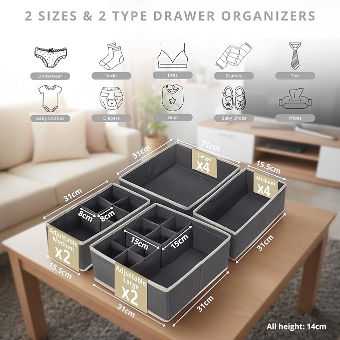 DECOMOMO Drawer Organizer for Baby – 12 Pack Clothes Organizer & Storage Dividers for Nursery, Storage Bins for Underwear, Bra, Socks, Diapers & Newborn Essentials (Grey)
