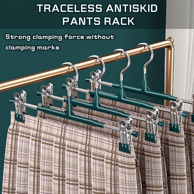 14Inch Pants Hangers with Clips 10 Pack Adjustable Skirt Hangers for Women Non-Slip Trousers Hanger for Jeans Shorts Clothes Hanger for Pants Heavy Duty Space Saving，Green