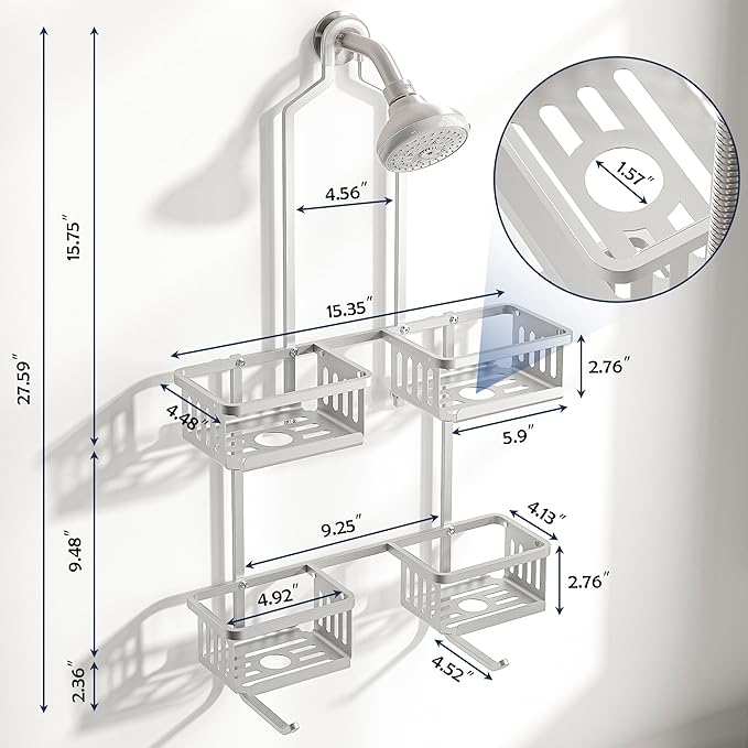Aluminum Shower Caddy Hanging for Handheld Showerheads, Never Rust Shower Organizer with Hooks Holder Toothbrush Holder，Over Showerhead Caddy for Bathroom