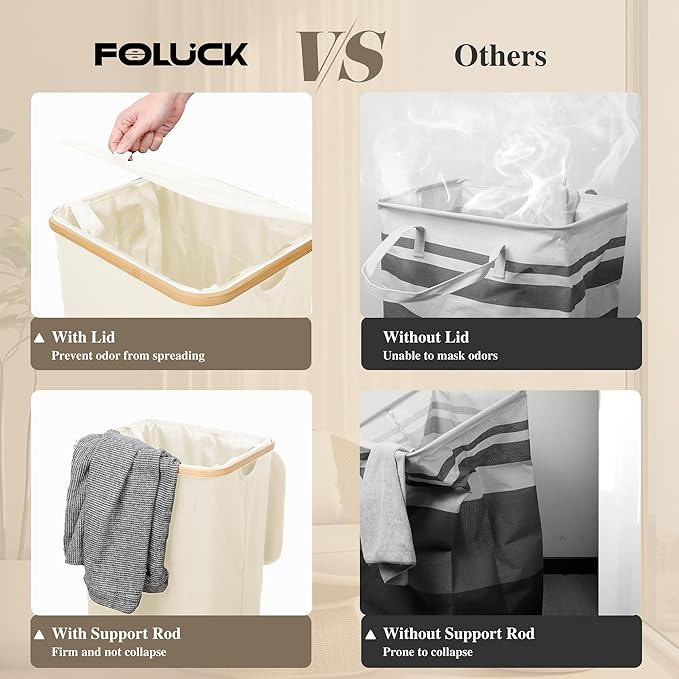 Foluck Large Laundry Hamper, 100L Waterproof Laundry Basket with Lid and Removable Bag, Collapsible Tall Clothes Hamper with Bamboo Handles for Clothes Toys in Dorm Bedroom Bathroom, Beige