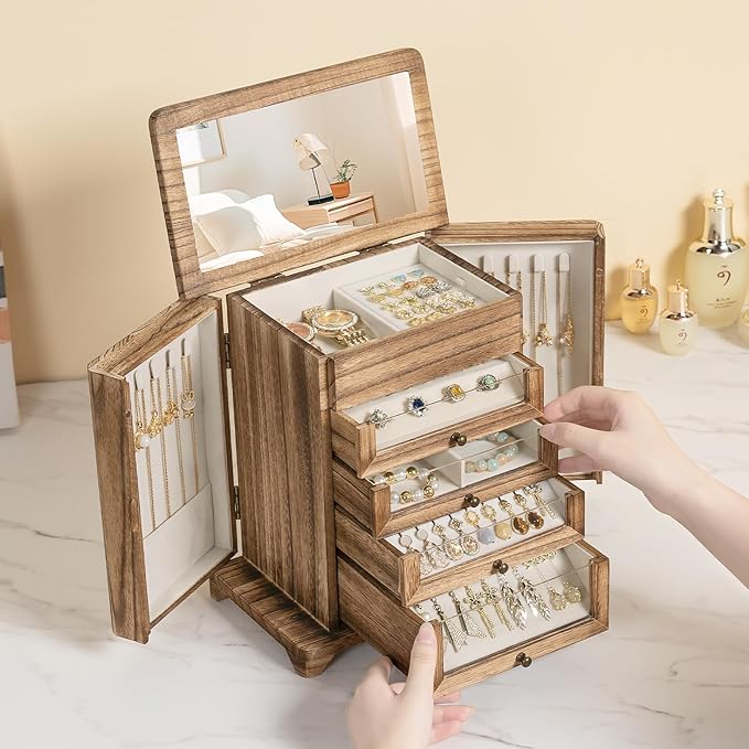 Large Jewelry Box & Organizer for Women, Wooden Jewelry Storage with 4 Transparent Drawers, Holds Necklaces, Rings, Bracelets, Earrings and Watches(Brown)