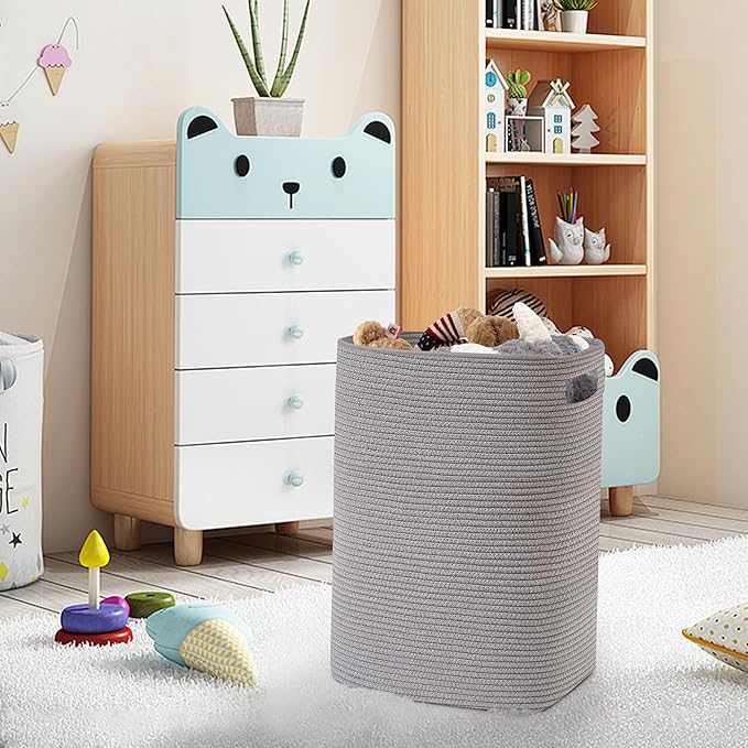 MEGASKET Large Laundry Hamper 16"x13"x22" - Tall Woven Laundry Basket, Cotton Rope Dirty Clothes Hamper, Baby Kids Nursery Wicker Laundry Basket, Bedroom Aesthetic, Soft Laundry Bin, Gray Hamper, 75L