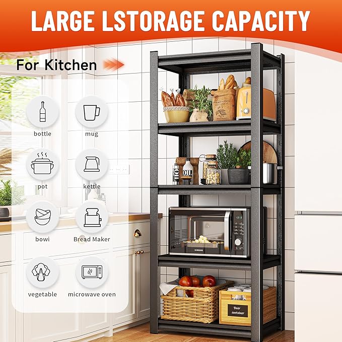 78" H Garage Shelving, 5 Tier Heavy Duty Metal Garage Storage Shelves, 3000 lbs Adjustable Standing Shelf and Double-Layer Posts for Garage,Warehouse,Basement, Kitchen,Thickened 78×40×18in