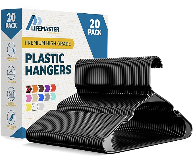 Lifemaster Plastic Clothes Hangers – Heavy Duty Hanger Set, for Organizing Clothes, Dresses, and Coat, Holds Up to 5 lbs, Space-Saving Hangers with Non-Slip Shoulder Grooves, Pack of 20, Black
