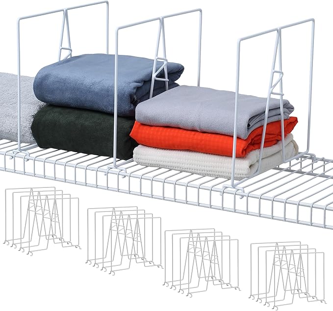 Wire Shelf Dividers - White Closet Organization & Storage Organizer - No Tool Shelf Divider for Wire Shelves - Metal Shelf Accessories – for 12“ Deep Wire Shelves – Tall 12” Height – 16 Pack