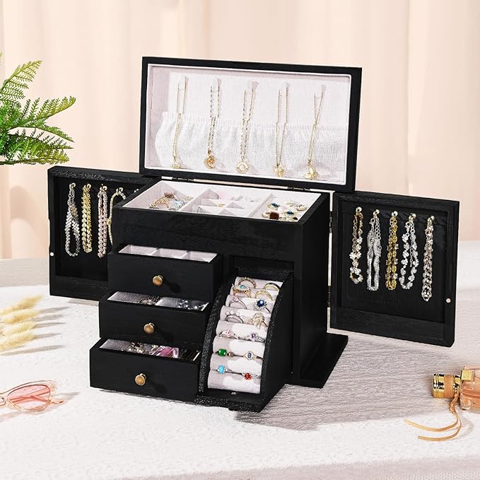 Poyilooo Jewelry Box Organizer, Solid Wood Jewelry Boxes for Women, Double Layer Jewelry Organizer Box Display Earring Necklace Bracelet Ring, Rustic Style Small Jewelry Box for Girls (Black)