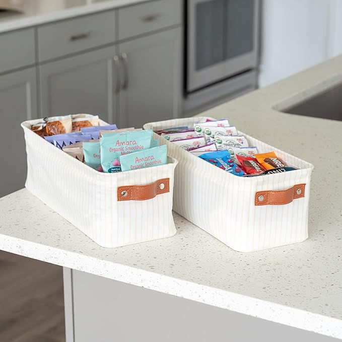 OrganiHaus Narrow Fabric Storage Baskets 2 Pack, Narrow Storage Bins for Shelves, Closet Storage Bins for Pantry Entryway, Cloth Canvas Basket, White/Brown