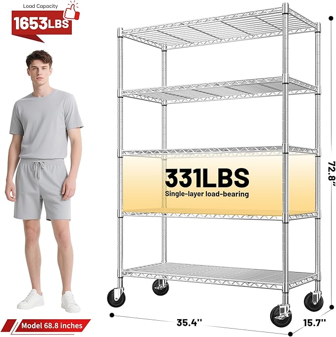 REIBII 73''H Storage Shelves 1660LBS Wire Shelving Unit with Wheels 5 Tier Metal Shelving,Heavy Duty Metal Shelves for Storage Rack,Commercial Industrial for Garage Kitchen 73''HX35''WX15''D,Chrome