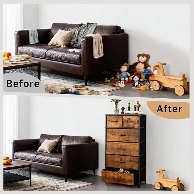 Mifuro Tall Dresser for Bedroom, Vertical Storage Organizer Tower with 6 Drawers, Chest of Drawers with Fabric Bins, Steel Frame, Wood Top for Bedroom, Closet, Entryway- Rustic Brown