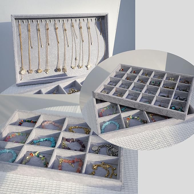 Stratalife Set of 3 Stackable Jewelry Organizer Tray Earring Display Trays Drawer Organizer Inserts Accessory Storage Grey