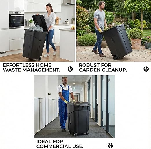 Outdoor Trash Can with Lid & Wheels, 32 Gallon Large Garbage Can for Garage & Patio, Heavy Duty Lockable Lid, Rugged Wheels & Easy Grip Handle