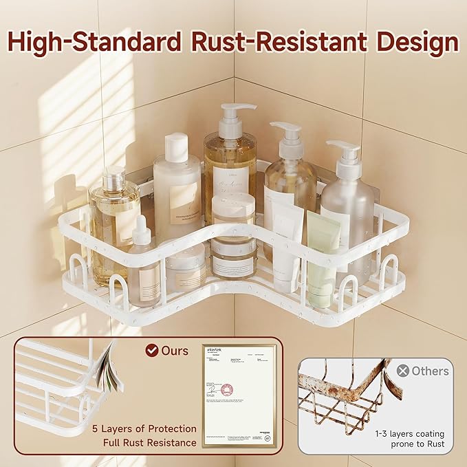 Veken Corner Shower Caddy 5-Pack, Advanced Rustproof Design, No Drilling Adhesive Shelves, Rack with Soap Holder, Large Capacity Bathroom Organizers and Storage, Wall-Mounted Kitchen&Home Decor,White