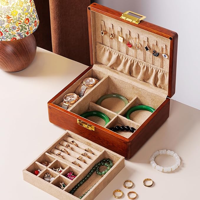 Solid Walnut Wood Jewelry Organizer Box with Lock, 2-Layer Vintage Jewelry Box for Men Women, Velvet-Lined Storage for Earrings Rings Necklaces Bracelets Watches Perfect Father Day Gift Khaki