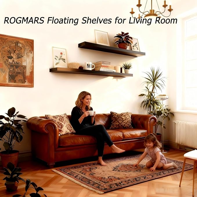 ROGMARS 36 Inches Long Black Floating Shelves,Rustic Solid Wood Farmhouse Wall Shelves with Invisible Brackets for Bathroom, Living Room, Bedroom, Kitchen Set of 2