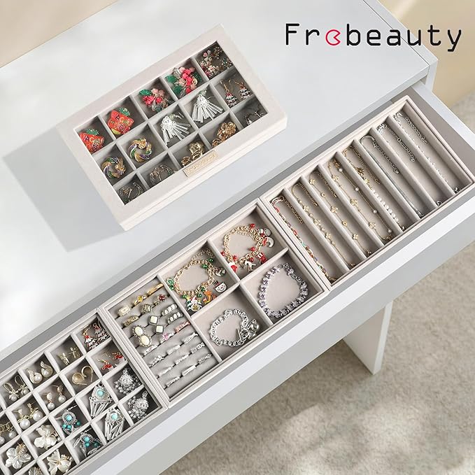 Frebeauty Stackable Jewelry Trays, Velvet Drawer Jewelry Organizer with Glass Lid,5 in 1 Multi-Functional Jewelry Storage for Earrings Necklaces Rings, 10.5 x 6.5 x 5.55 Inches Gift for Women(Grey)