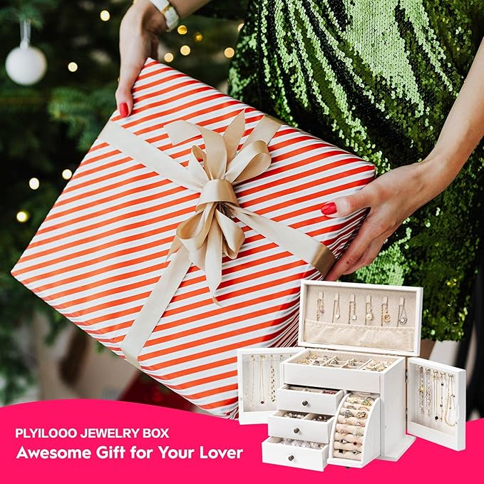 Poyilooo Jewelry Box Organizer, Solid Wood Jewelry Boxes for Women for Storage & Display Necklace Ring Earring Bracelet, Rustic Style Jewelry Organizer Box for Women Gifts (Weathered White)