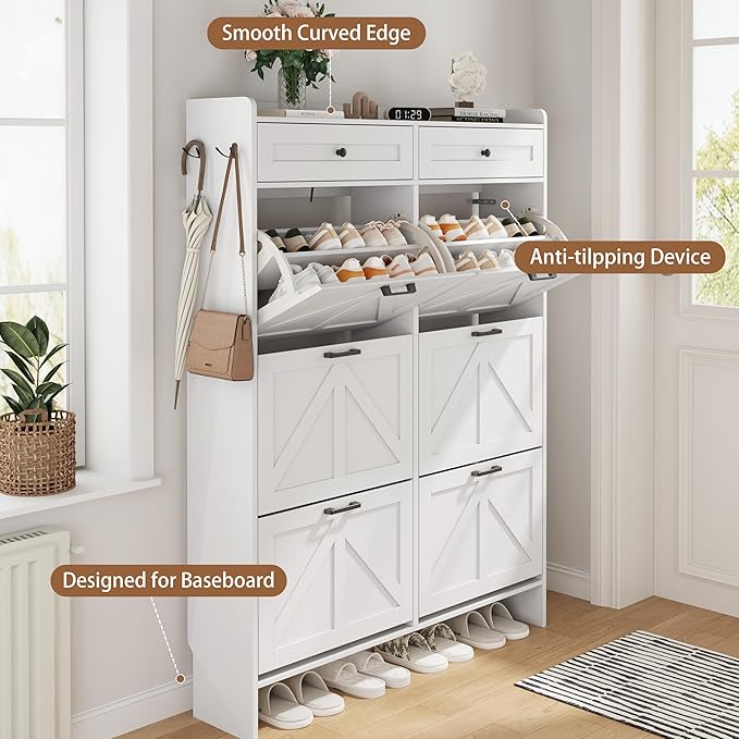Shoe Cabinet with 6 Flip Drawers & 2 Top Drawers, 57" Tall Freestanding Narrow Wooden Shoe Storage Organizer for Entryway, Hidden Slim Shoe Rack for Front Door Entrance, Hallway, Living Room, White