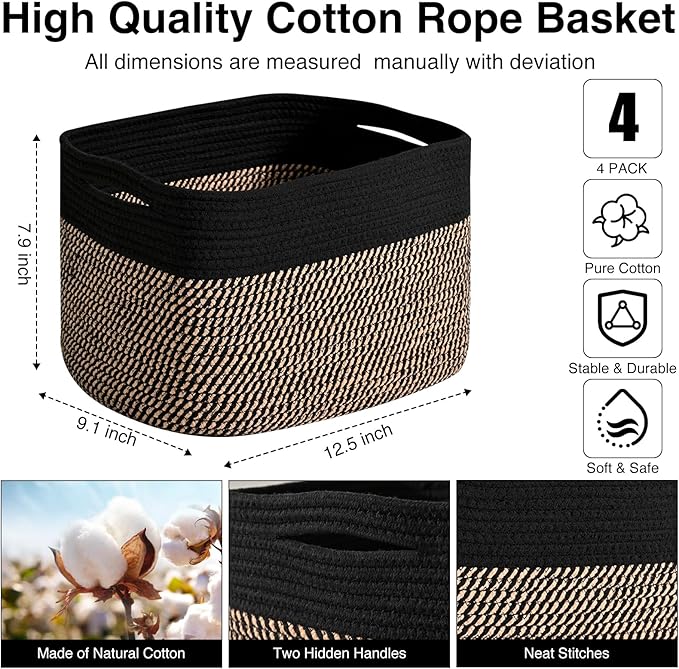 ICERZCZ Storage Baskets for Shelves Organizing, Woven Cotton Rope Baskets for Storage, Book Basket, Decorative Shelf Basket, 12.5"Lx9.1''Wx7.9''H (4 Packs) Black & Jute